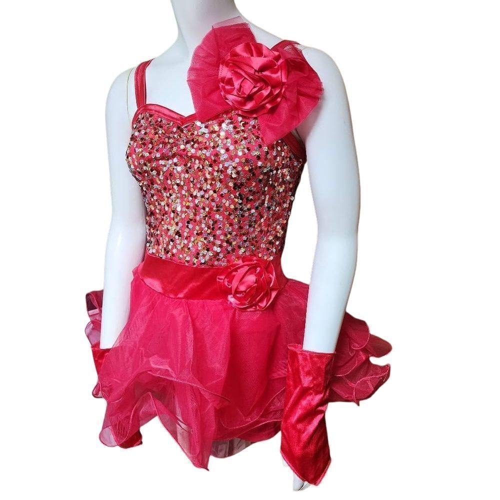 Weissman Pink Sequin & Mesh Dance Costume, Gloves, & Hair Bow (XL)
